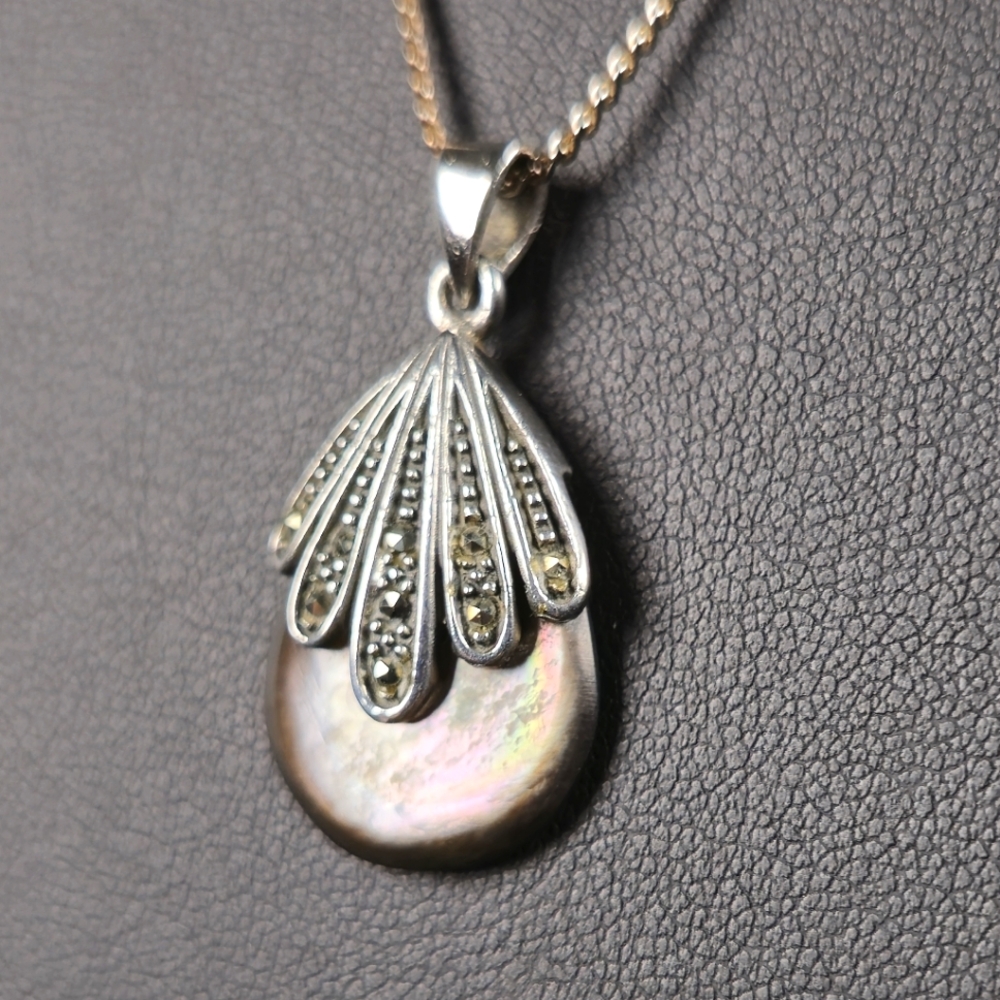 Pearl and Marcasite Sterling Silver Teardrop Necklace
